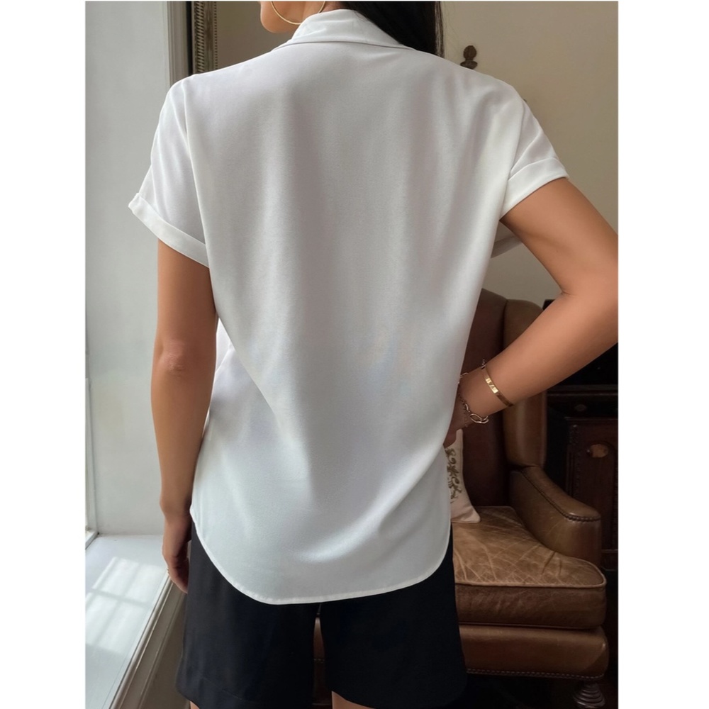 White Casual Button Up / Down Shirt Collar V-Neck Button Front Short Sleeve - Picture 4 of 17